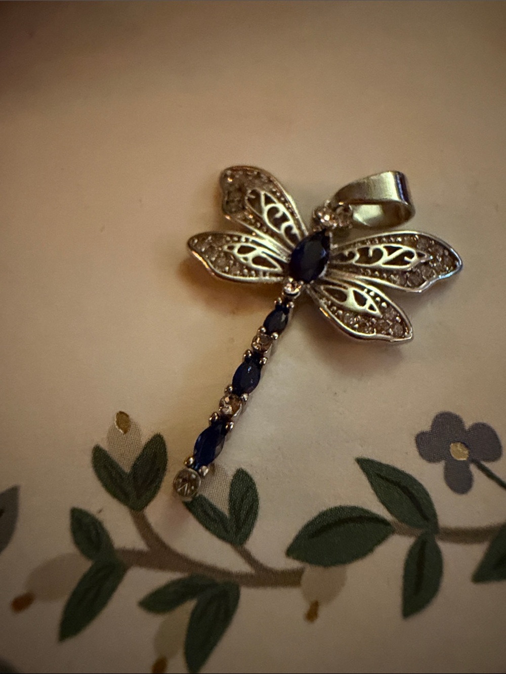 Silver Dragonfly Pendant with Blue Stones